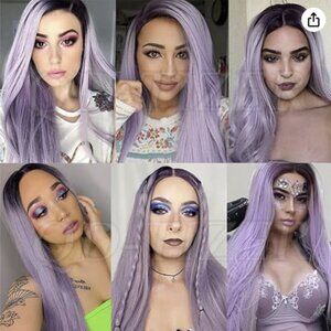 QD-Tizer Synthetic Lace Front Wigs Purple Long Straight 24"